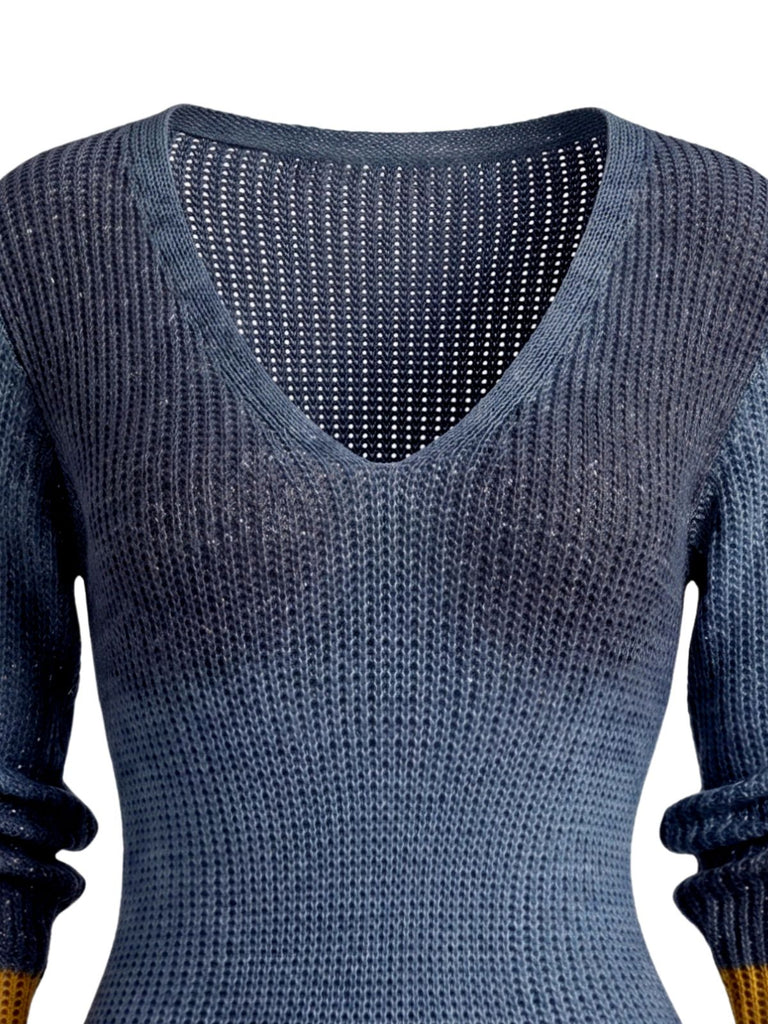 Blaues 60er Strick-Minikleid mit Spitzenbesatz und V-Ausschnitt