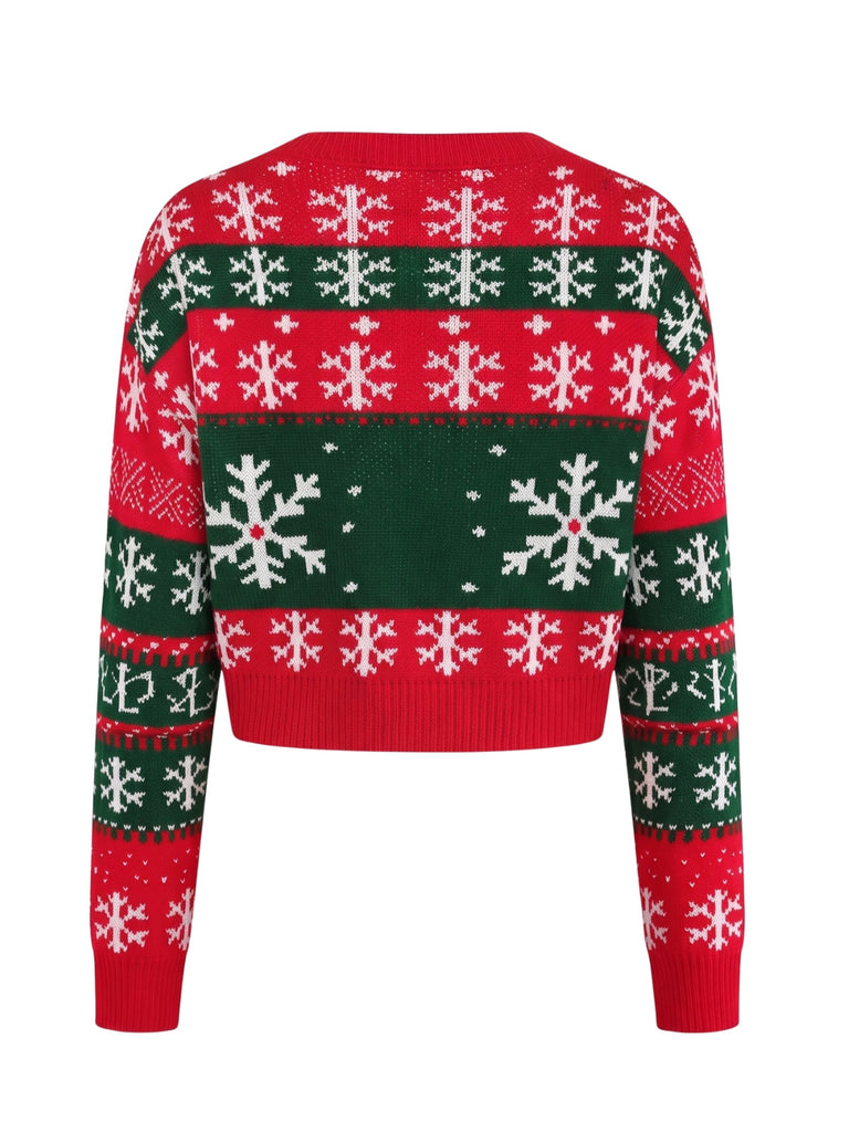 Rote & grüne kurze 50er Weihnachts-Strickjacke mit Schneeflocken