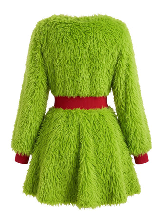 Grünes 50er Grinch-Weihnachtskleid mit Herz und Flauschoptik