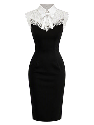 Schwarzes & weißes 60er Bodycon-Kleid mit Spitzenkragen und Schleife