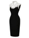 Schwarzes & weißes 60er Bodycon-Kleid mit Spitzenkragen und Schleife
