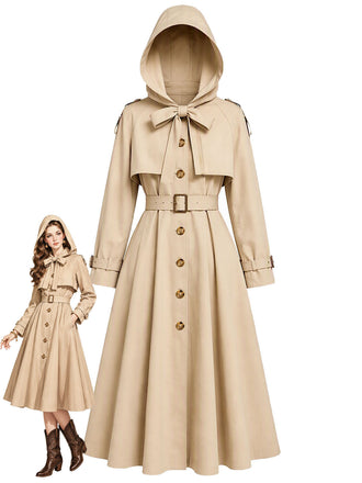 Khaki 50er Kapuzenkleid mit Zweiteiler-Optik und Gürtel