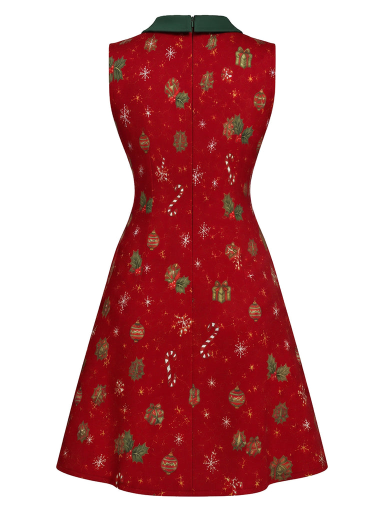 Ärmelloses 60er A-Linien-Kleid mit Weihnachtsprint und Schleife