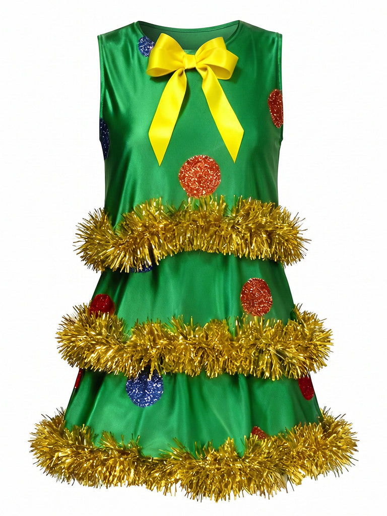Grünes 70er ärmelloses A-Linien-Kleid mit Weihnachtsbaum