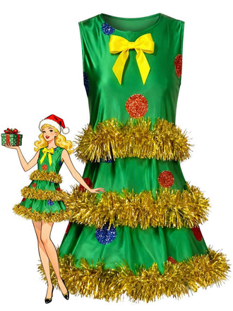 Grünes 70er ärmelloses A-Linien-Kleid mit Weihnachtsbaum