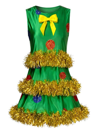 Grünes 70er ärmelloses A-Linien-Kleid mit Weihnachtsbaum