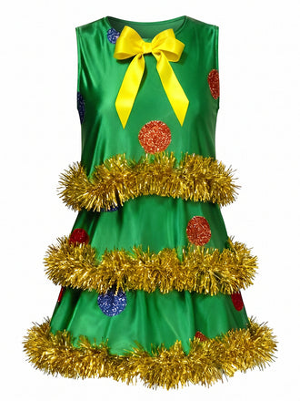 Grünes 70er ärmelloses A-Linien-Kleid mit Weihnachtsbaum