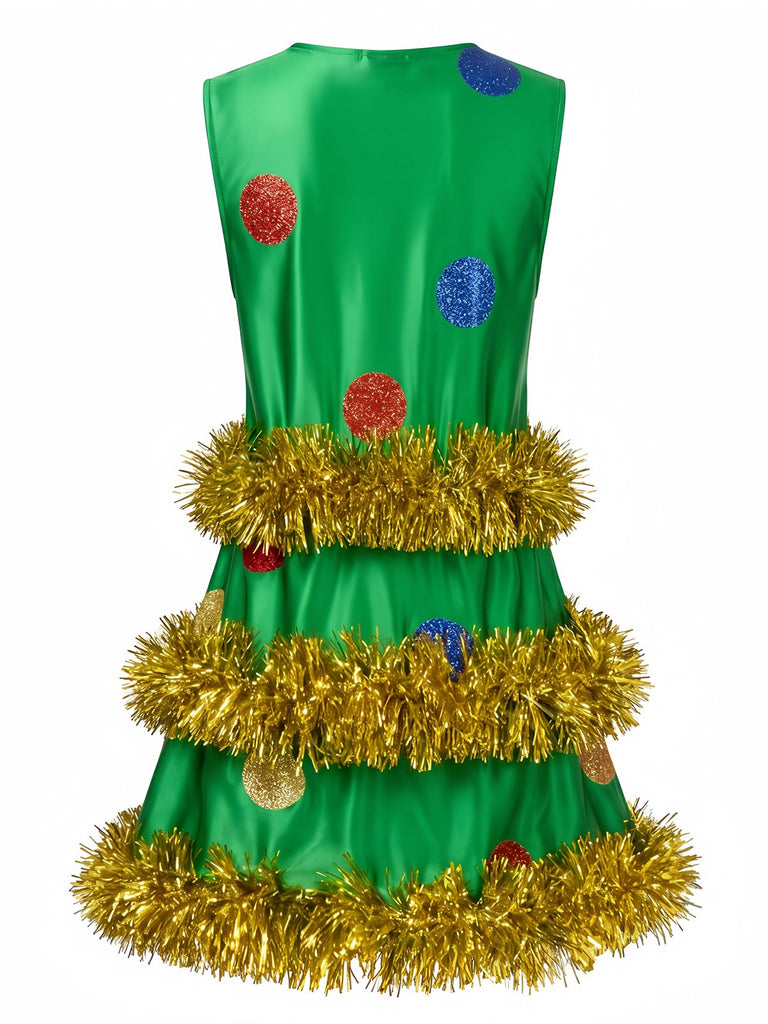 Grünes 70er ärmelloses A-Linien-Kleid mit Weihnachtsbaum