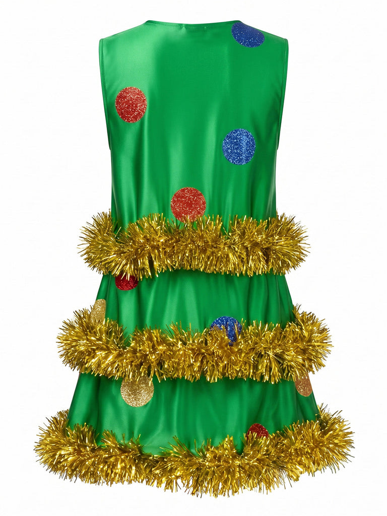 Grünes 70er ärmelloses A-Linien-Kleid mit Weihnachtsbaum
