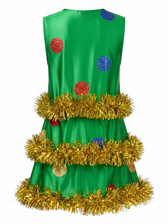 Grünes 70er ärmelloses A-Linien-Kleid mit Weihnachtsbaum