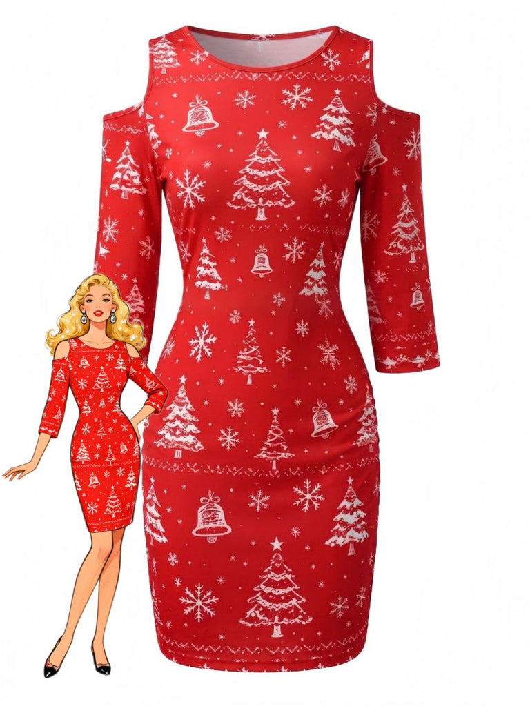 60er Bleistiftkleid mit Cold Shoulder, Tannenbaum und Schneeflocken