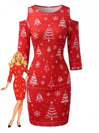 60er Bleistiftkleid mit Cold Shoulder, Tannenbaum und Schneeflocken