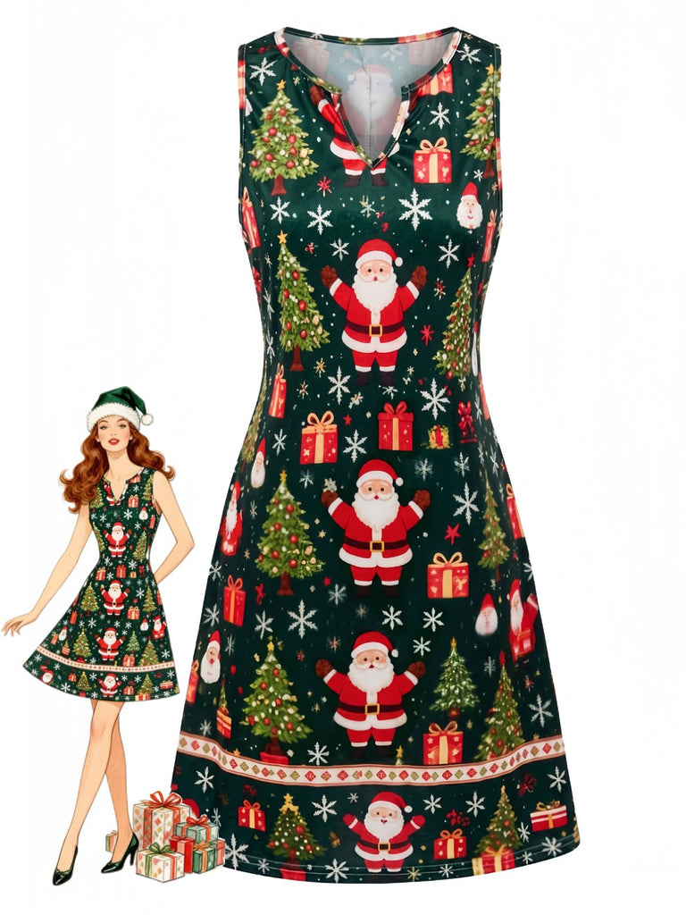 Grünes 60er Kleid mit Weihnachtsmann-Print und V-Kerbausschnitt