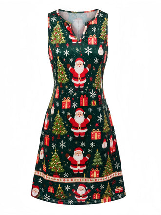Grünes 60er Kleid mit Weihnachtsmann-Print und V-Kerbausschnitt