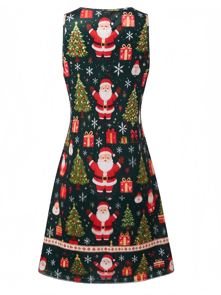 Grünes 60er Kleid mit Weihnachtsmann-Print und V-Kerbausschnitt