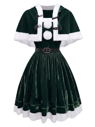 Grünes 50er Weihnachts-Samt-Bandeaukleid und Cape