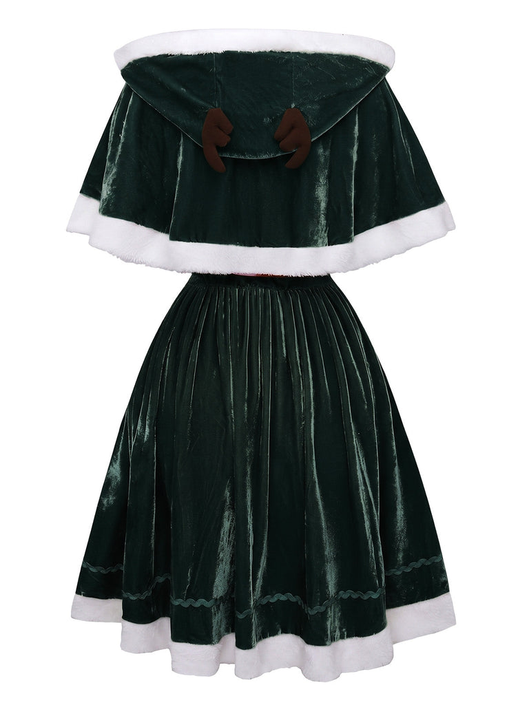 Grünes 50er Weihnachts-Samt-Bandeaukleid und Cape