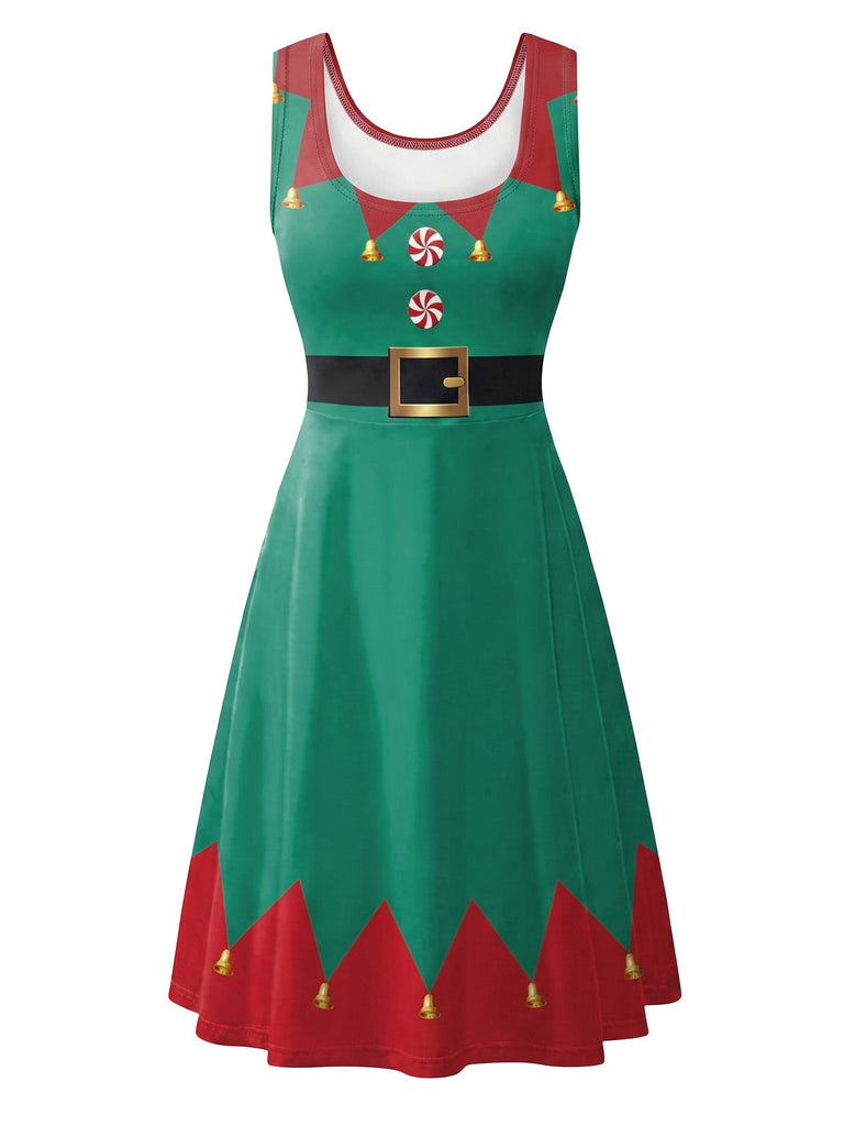 Grünes & Rotes 50er Weihnachtskleid ohne Ärmel
