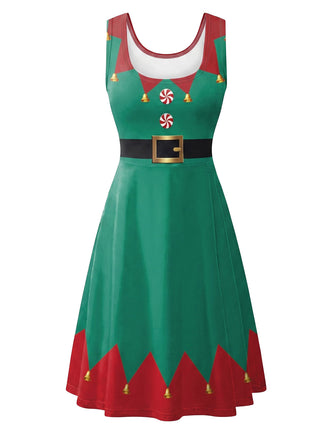 Grünes & Rotes 50er Weihnachtskleid ohne Ärmel