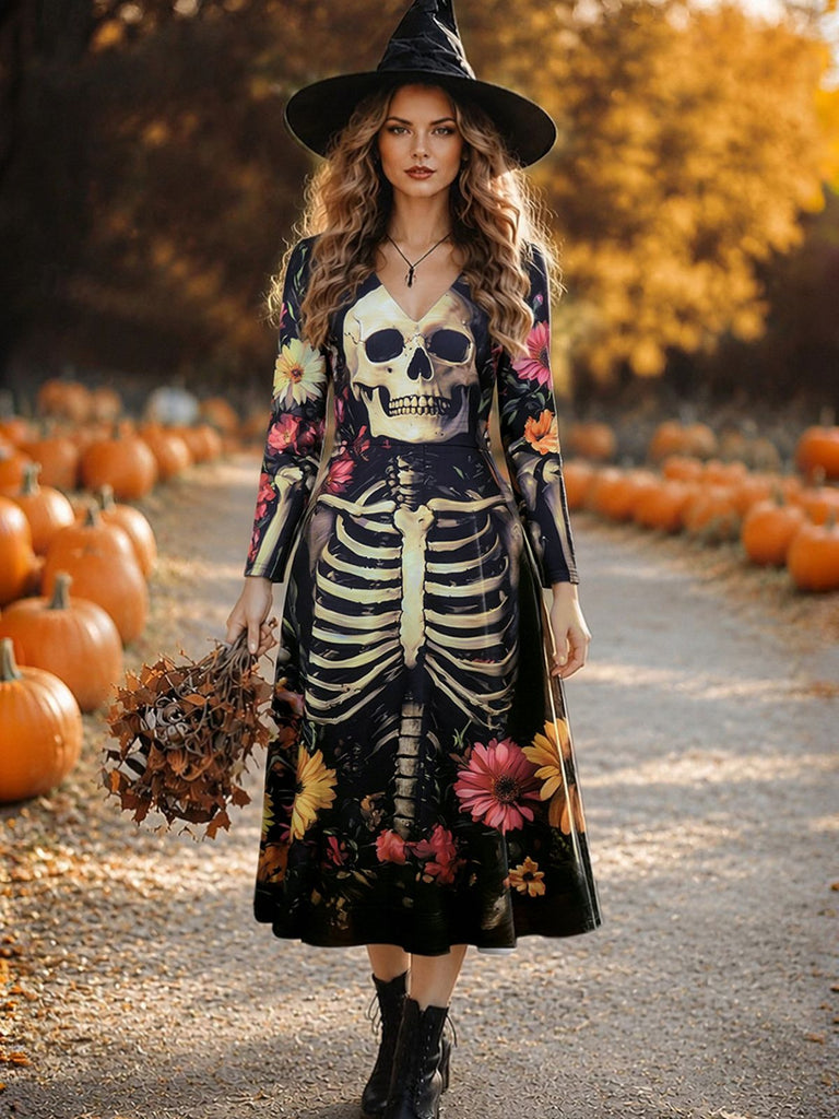 Schwarzes 40er Midikleid mit Skelett-Print und Blumen