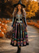 Schwarzes 40er Midikleid mit Skelett-Print und Blumen