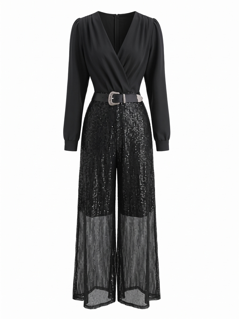 50er Pailletten-Jumpsuit mit V-Ausschnitt und Langarm