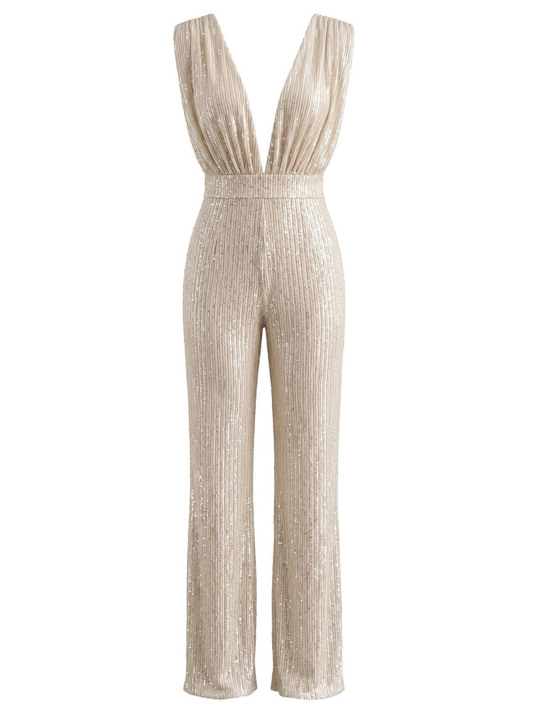 Champagner 80er Jumpsuit mit Pailletten und tiefem V-Ausschnitt