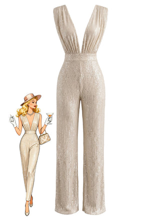 Champagner 80er Jumpsuit mit Pailletten und tiefem V-Ausschnitt