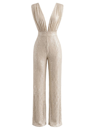Champagner 80er Jumpsuit mit Pailletten und tiefem V-Ausschnitt