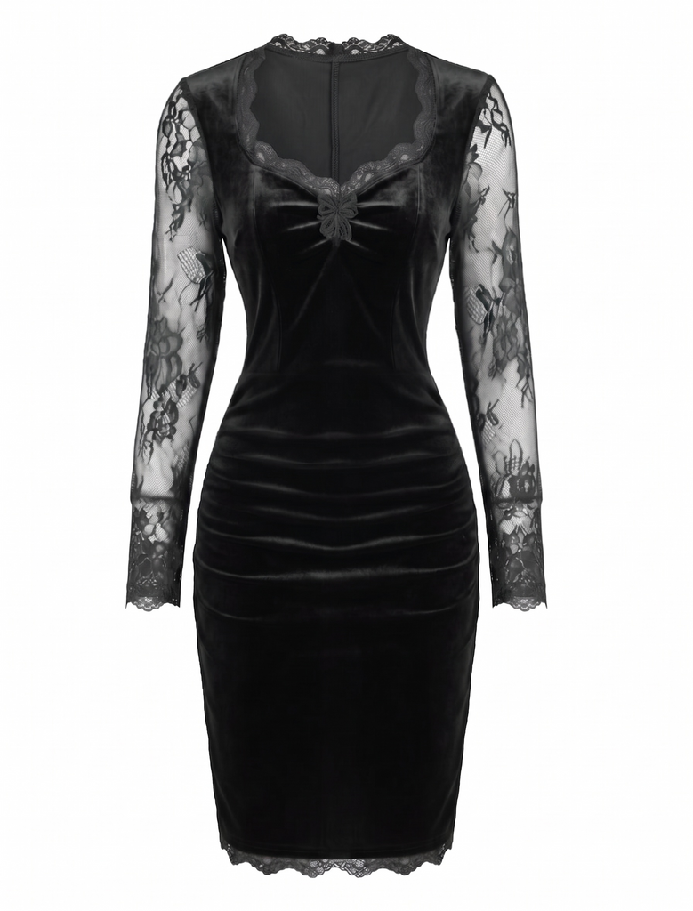 60er Samt-Bodyconkleid mit Spitzenärmeln