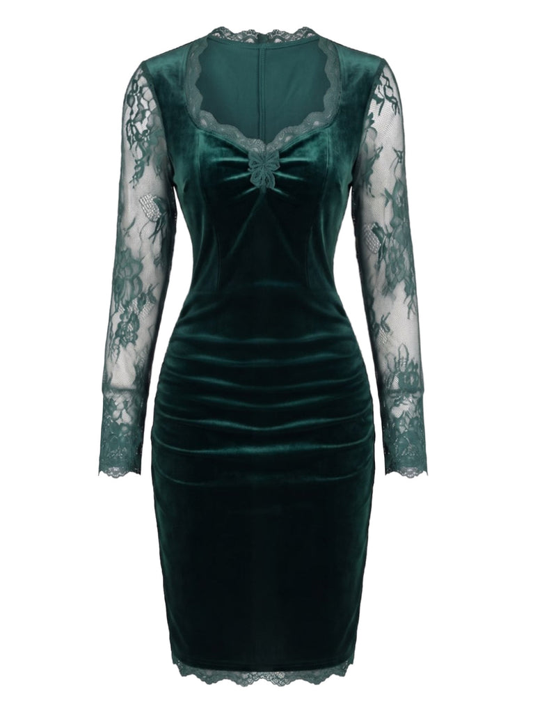 60er Samt-Bodyconkleid mit Spitzenärmeln