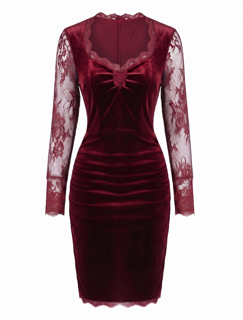 60er Samt-Bodyconkleid mit Spitzenärmeln