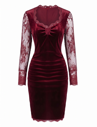 60er Samt-Bodyconkleid mit Spitzenärmeln