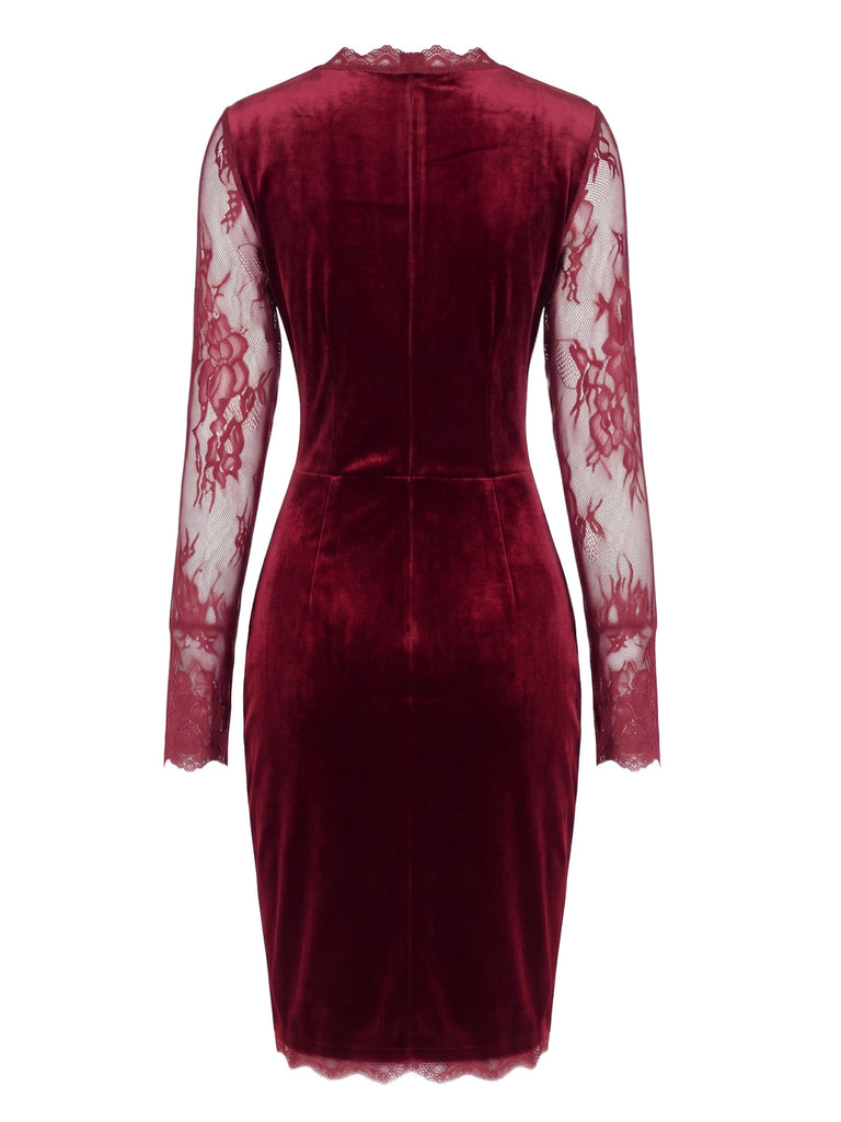60er Samt-Bodyconkleid mit Spitzenärmeln