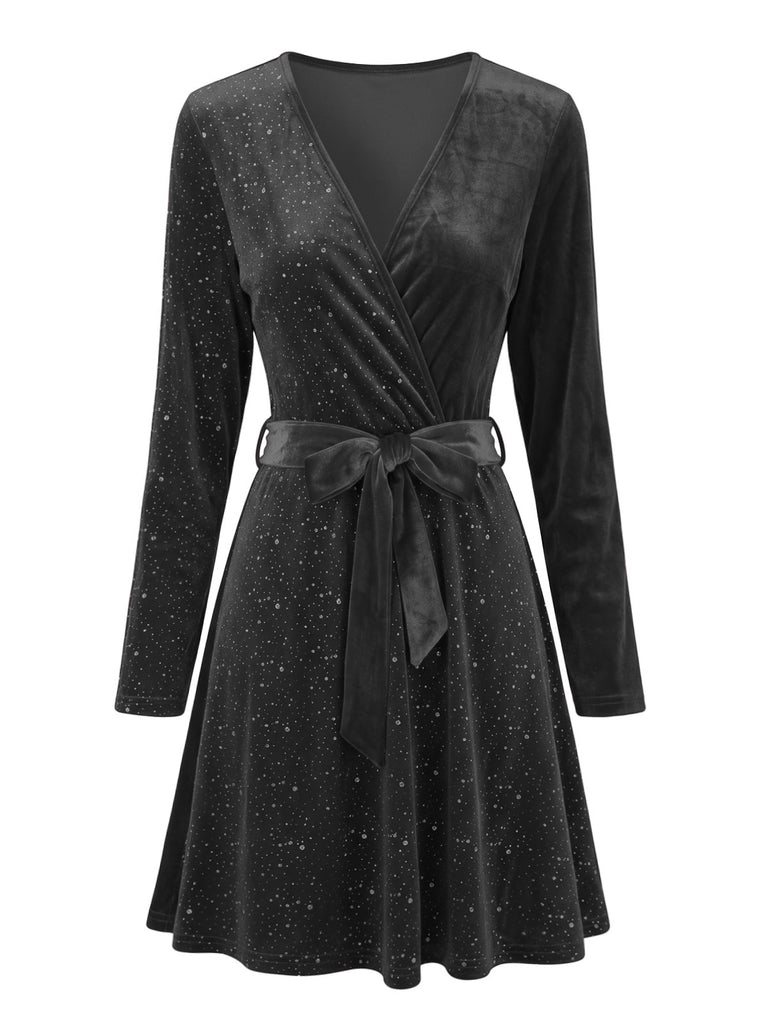 50er Langarm-Glitzersamtkleid mit V-Ausschnitt und Gürtel