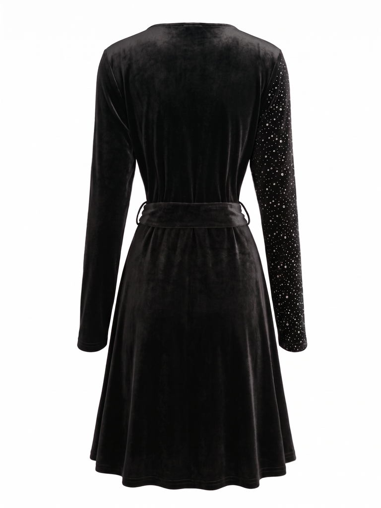 50er Langarm-Glitzersamtkleid mit V-Ausschnitt und Gürtel