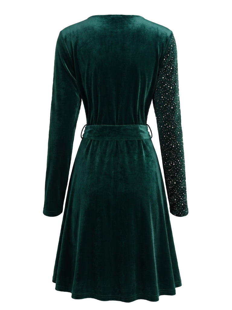 50er Langarm-Glitzersamtkleid mit V-Ausschnitt und Gürtel