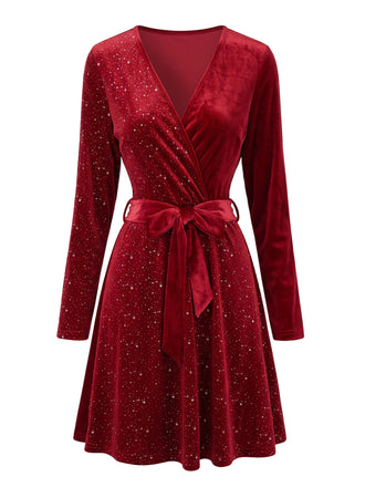 50er Langarm-Glitzersamtkleid mit V-Ausschnitt und Gürtel