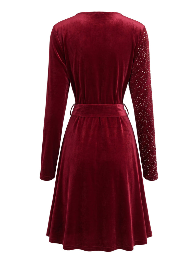 50er Langarm-Glitzersamtkleid mit V-Ausschnitt und Gürtel