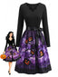 Lila 50er Halloween Kleid mit Kürbis, Blütenausschnitt und Schleife