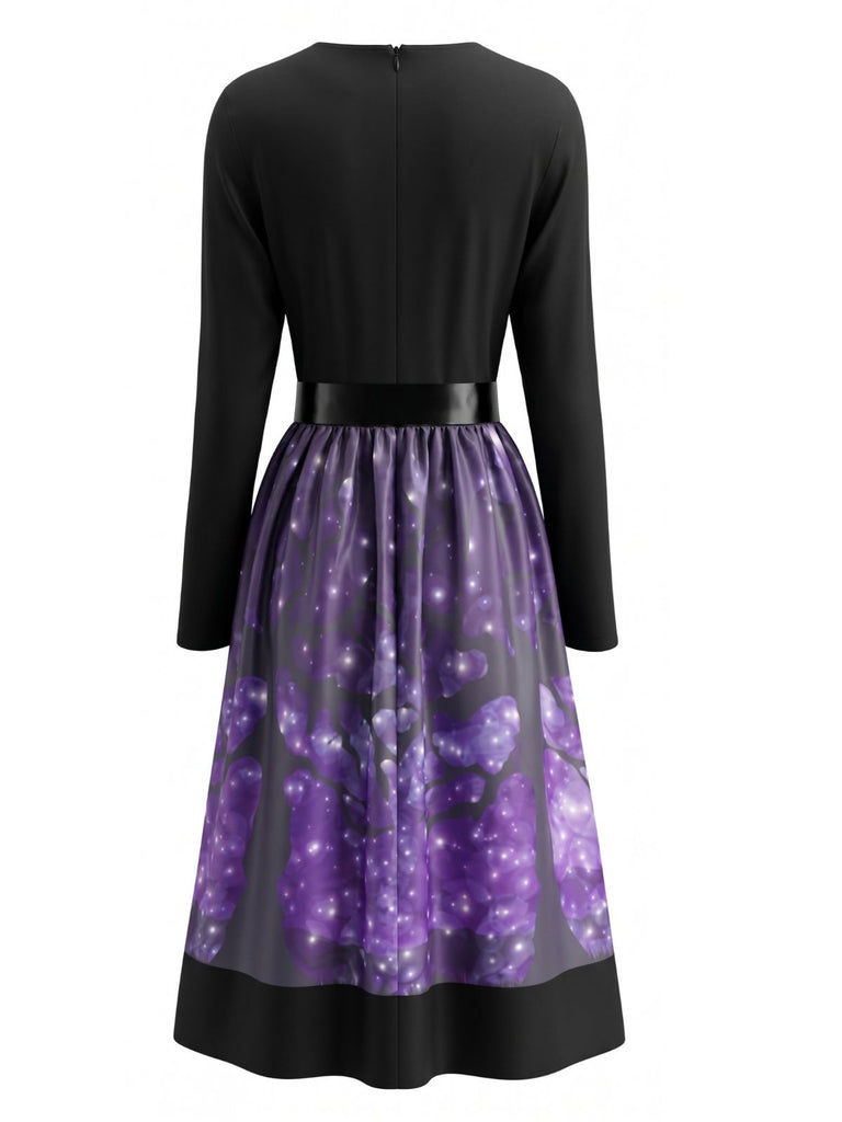 Lila 50er Halloween Kleid mit Kürbis, Blütenausschnitt und Schleife