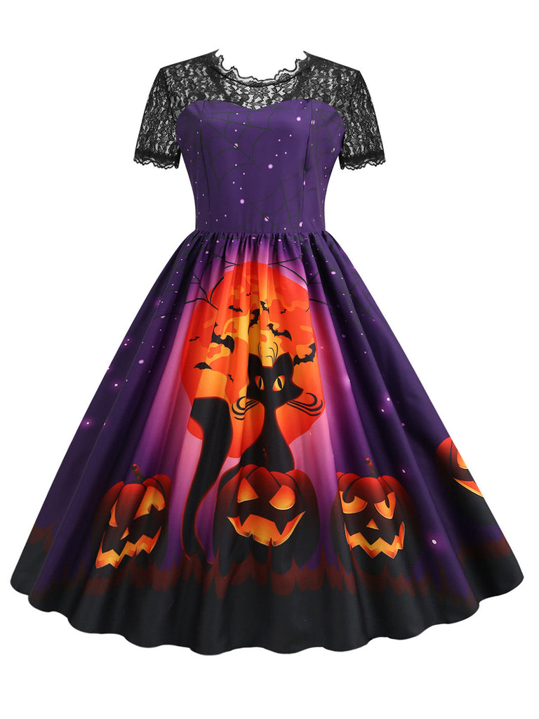 Lila 50er Halloween Swingkleid mit Katzen- und Kürbis-Print