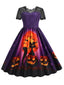 Lila 50er Halloween Swingkleid mit Katzen- und Kürbis-Print
