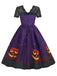 Lila 50er Halloween Swingkleid mit Katzen- und Kürbis-Print