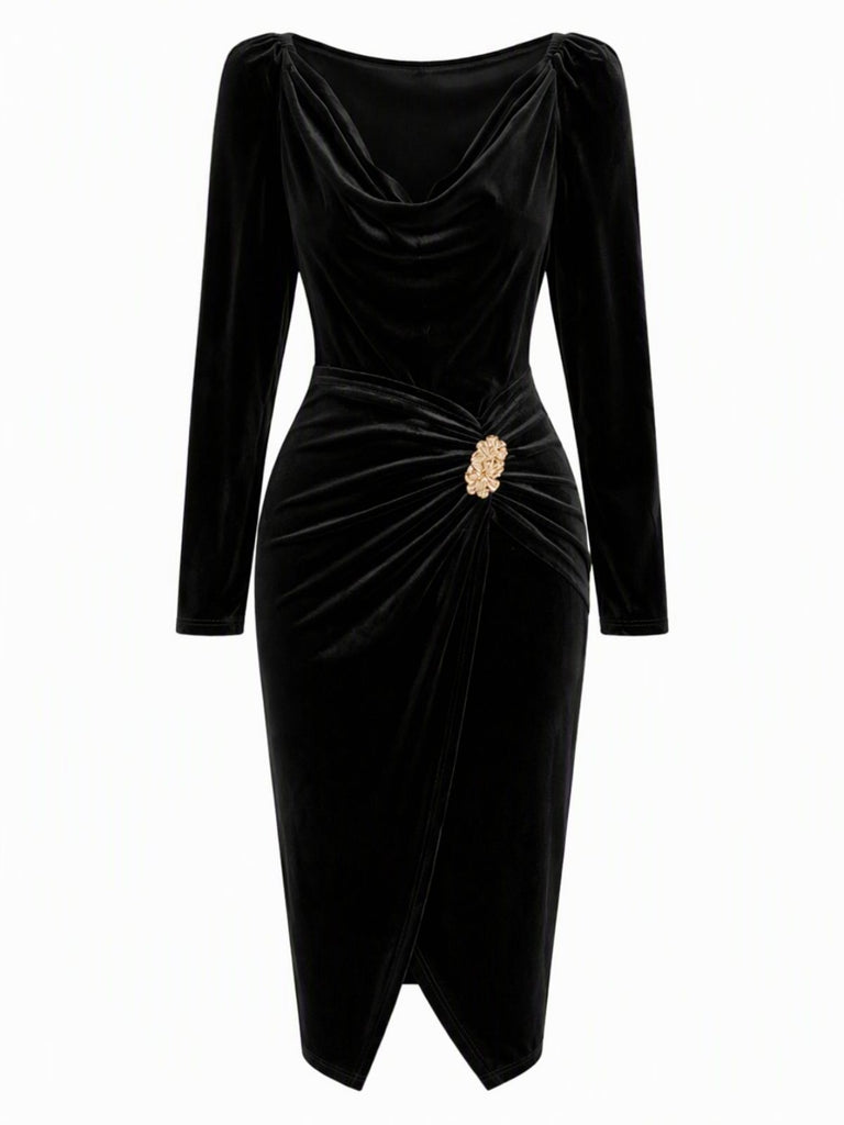 60er Samt-Bodyconkleid mit Wasserfallausschnitt und Raffung