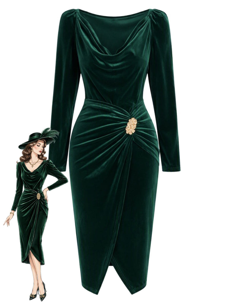 60er Samt-Bodyconkleid mit Wasserfallausschnitt und Raffung