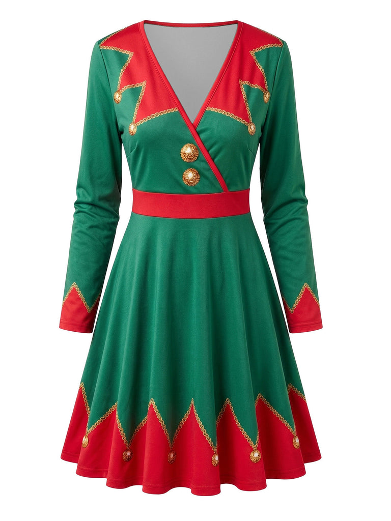50er Weihnachtselfen-Kleid mit Weihnachts-Print und V-Ausschnitt