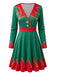 50er Weihnachtselfen-Kleid mit Weihnachts-Print und V-Ausschnitt