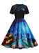 Schwarzes 50er Halloween Swingkleid mit Spinnennetz und Kürbis