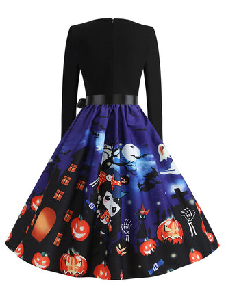 50er Halloween Kleid mit Kürbis- und Spukhaus-Print
